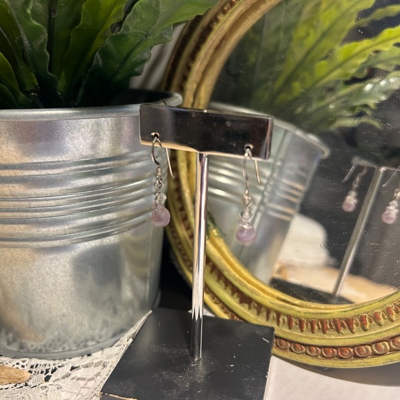 Silver drop earrings with frosted lavender and crystal beads - Picture 3 of 3